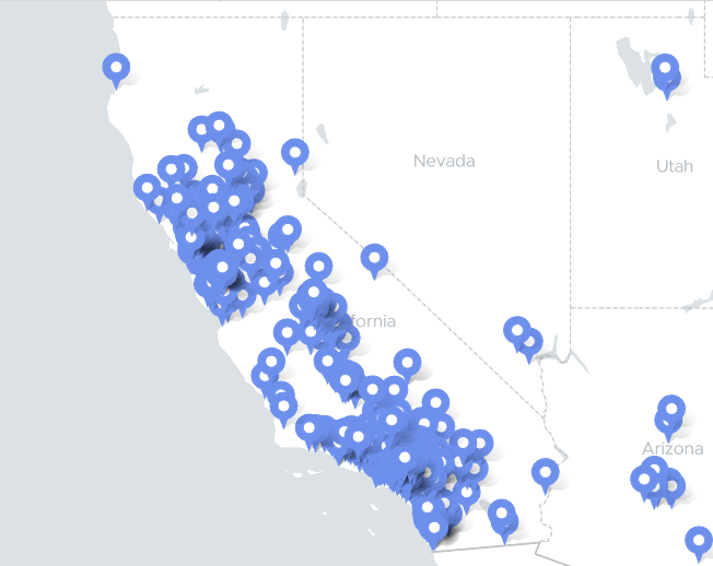 Map showing 1200+ completed roofing projects across California